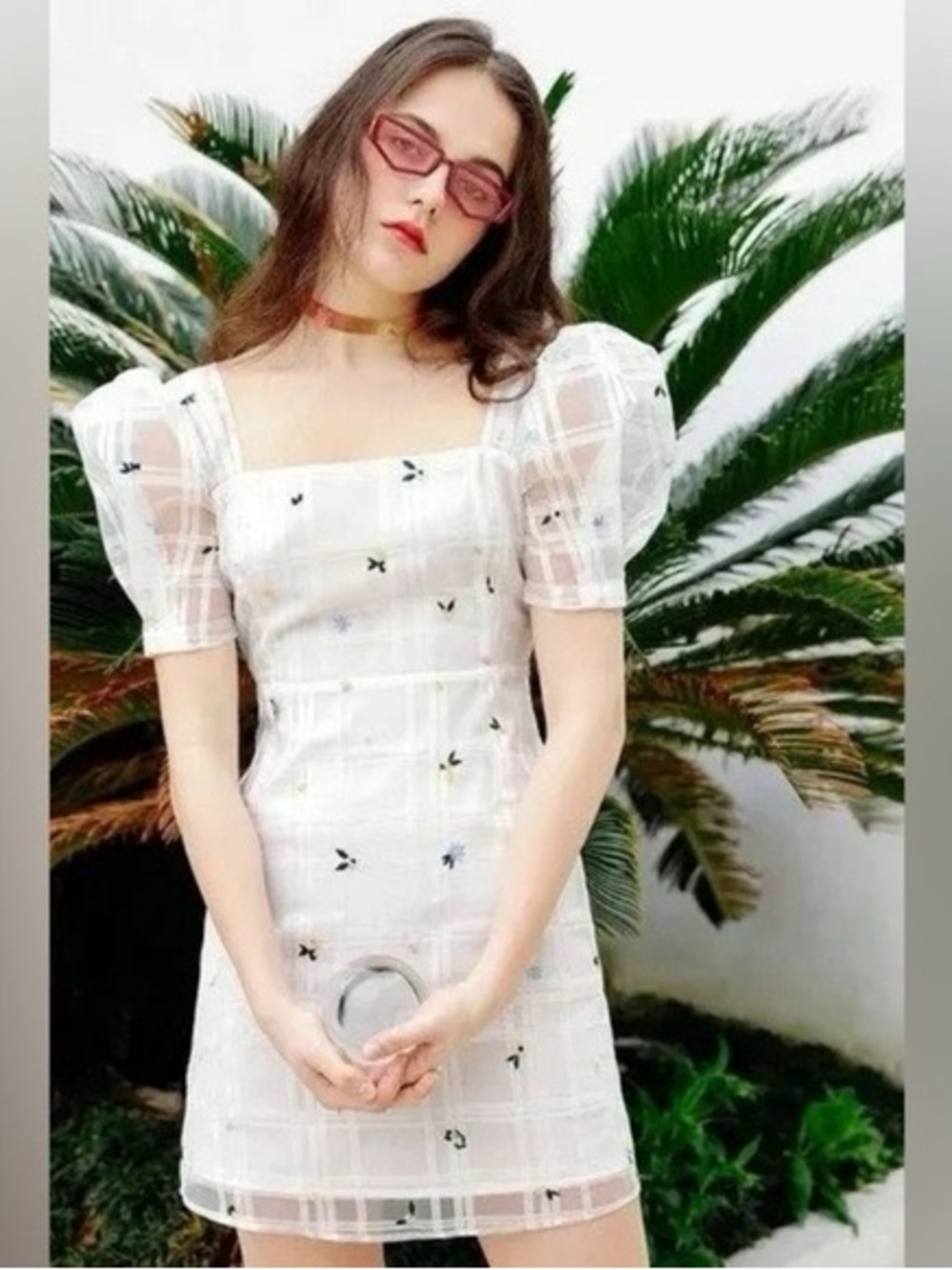 Petite Studio White Puff-Sleeve Square Neck Mini Dress
